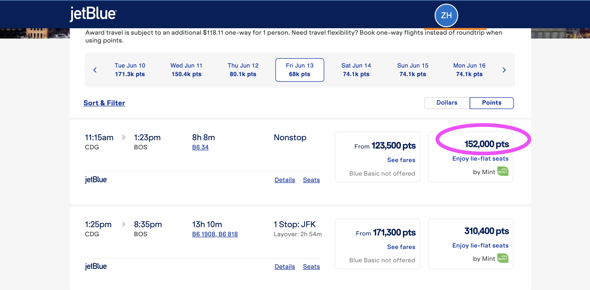 Screenshot of a JetBlue flight search. The flight from Boston (BOS) to Paris (CDG) is highlighted, showing 152,000 points needed for a nonstop flight, with flight times and other points amounts listed.